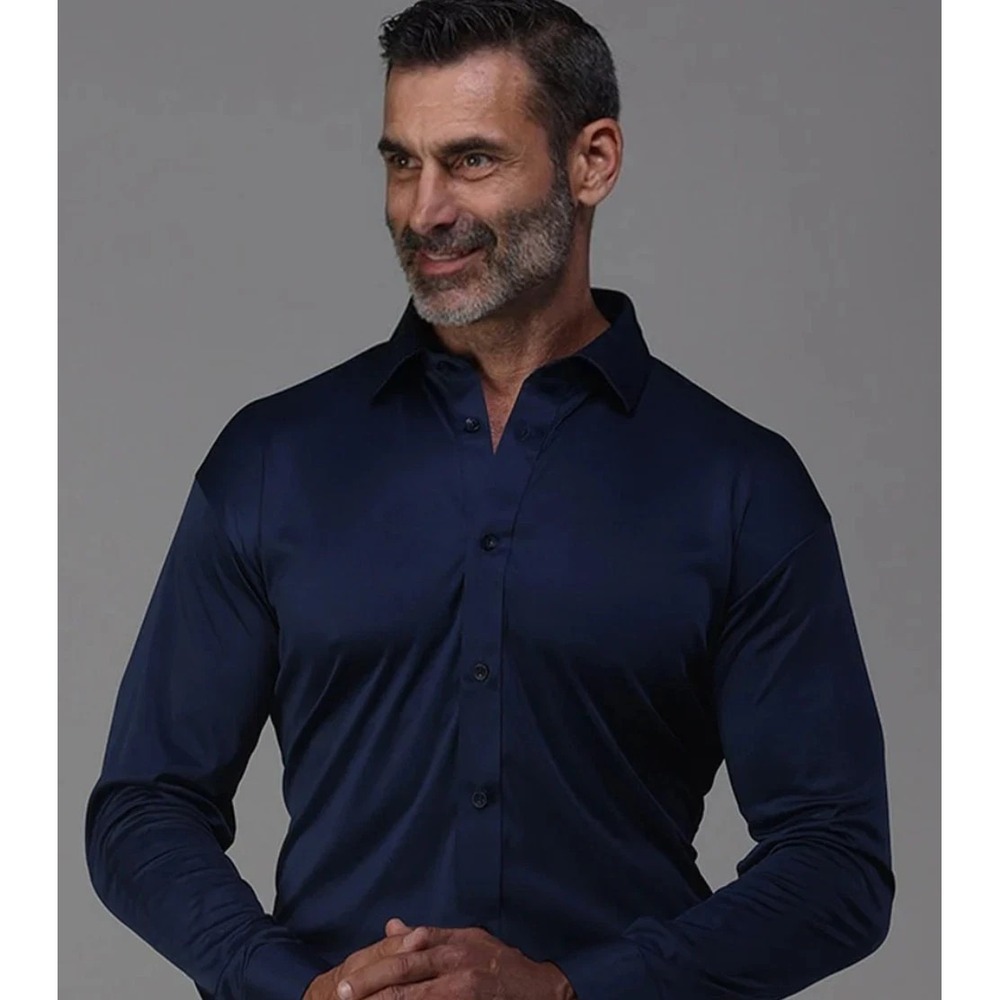 Collars & Co Men Dress Collar Polo Shirt 2XL Navy Blue Long Sleeve Stretch